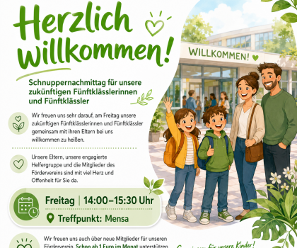 Flyer für Schnuppertag mit Bild einer Familie und Informationen im Juni - KI gebaut