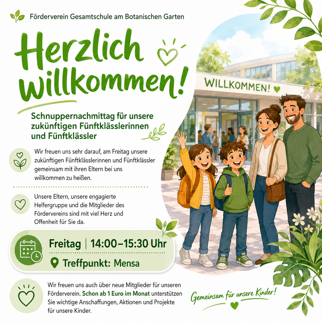 Flyer für Schnuppertag mit Bild einer Familie und Informationen im Juni - KI gebaut